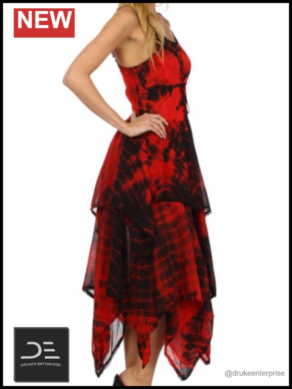 Tie-Dye Corset Bodice Handkerchief Hem Dress – Adjustable Straps, Cotton Blend - Picture 3 of 5